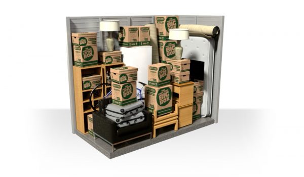 3 metre by 1.5 metre storage unit stacked with household goods.