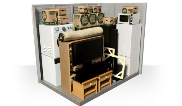 3 metre by 2 metre storage unit stacked with household goods.